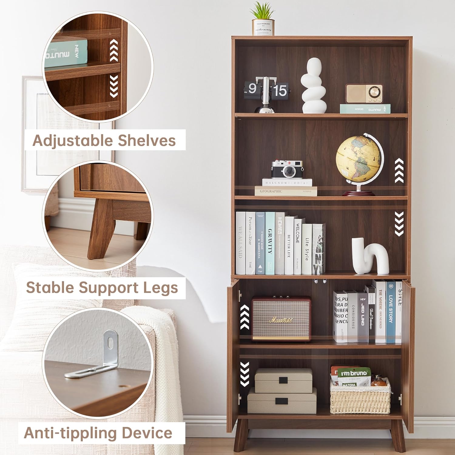 Bifins Mid-Century 5-Tier Wooden Bookshelf - Bookshelves luxury furniture for sale - Image 3