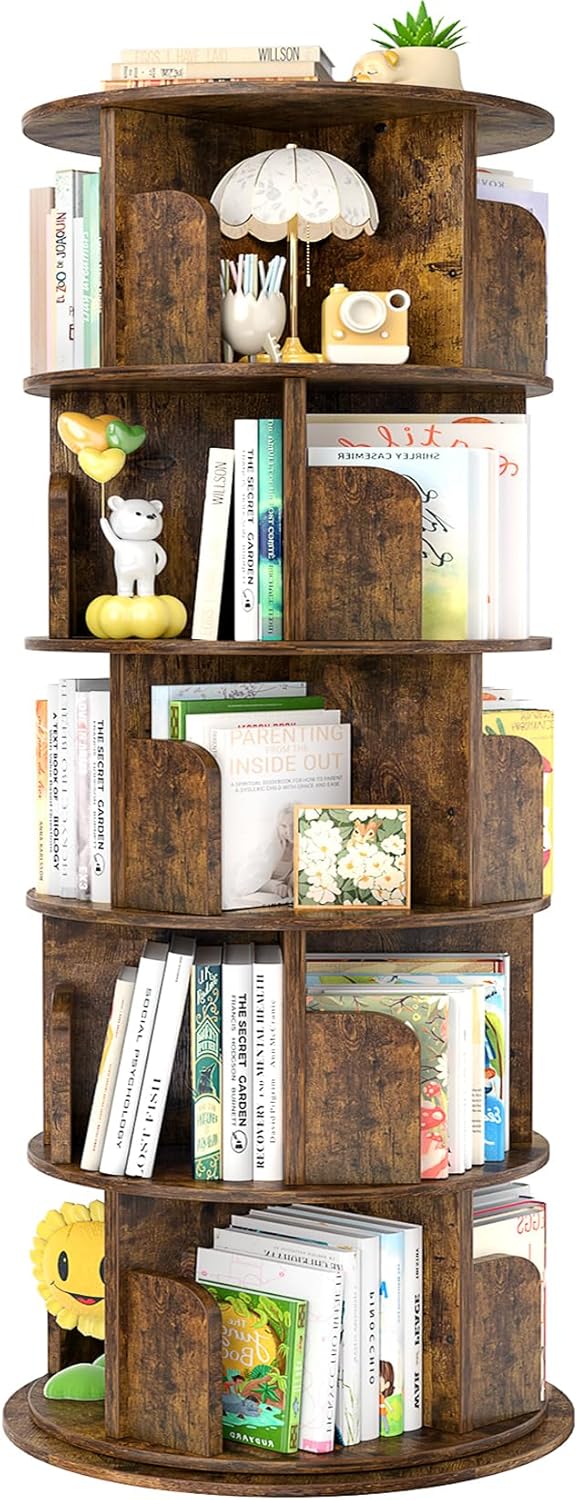 Aheaplus 5-Tier Rustic Spinning Bookshelf