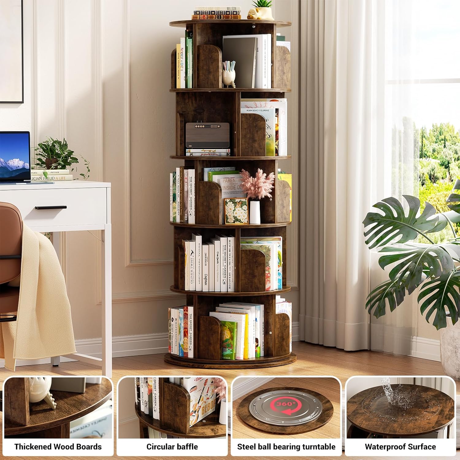 Aheaplus 5-Tier Rustic Spinning Bookshelf - Bookshelves luxury furniture for sale - Image 3