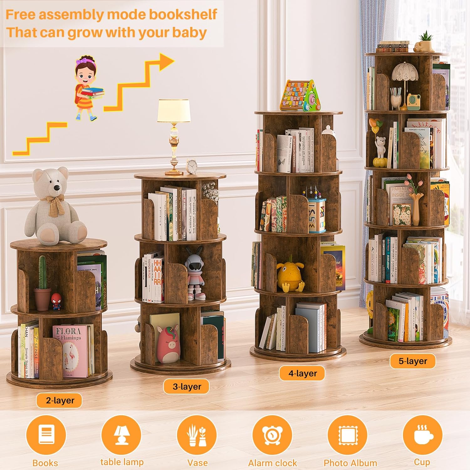 Aheaplus 5-Tier Rustic Spinning Bookshelf - Bookshelves luxury furniture for sale - Image 4