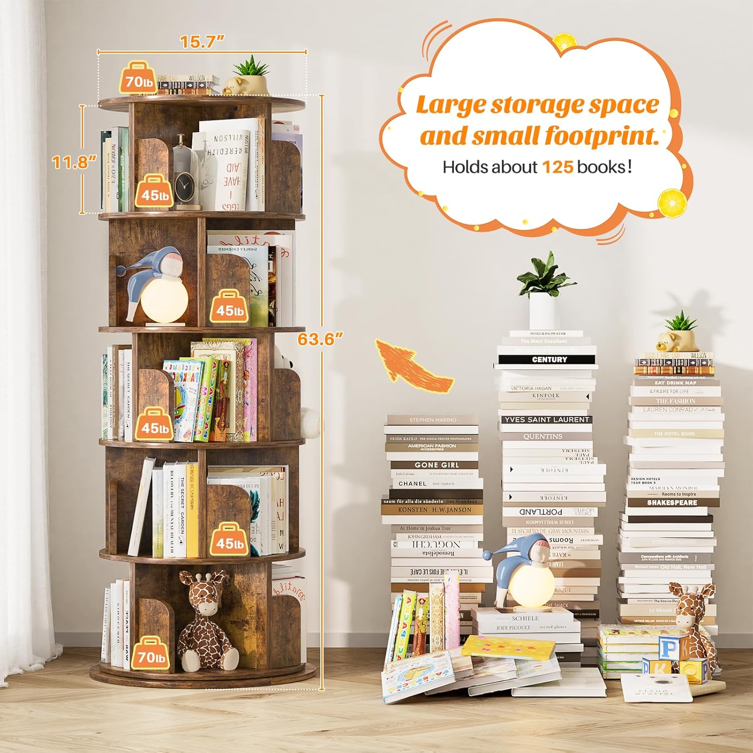 Aheaplus 5-Tier Rustic Spinning Bookshelf - Bookshelves luxury furniture for sale - Image 5