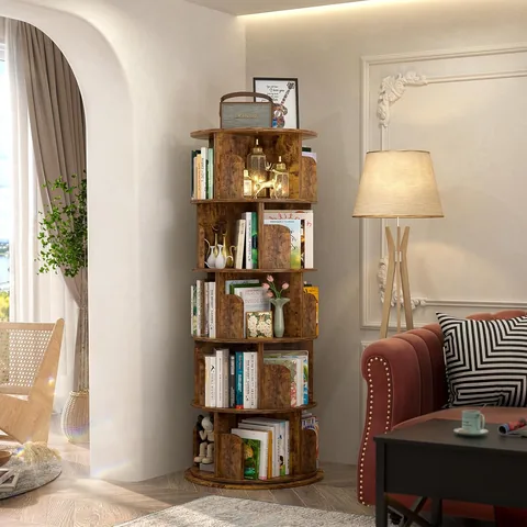 Aheaplus 5-Tier Rustic Spinning Bookshelf - Bookshelves luxury furniture for sale