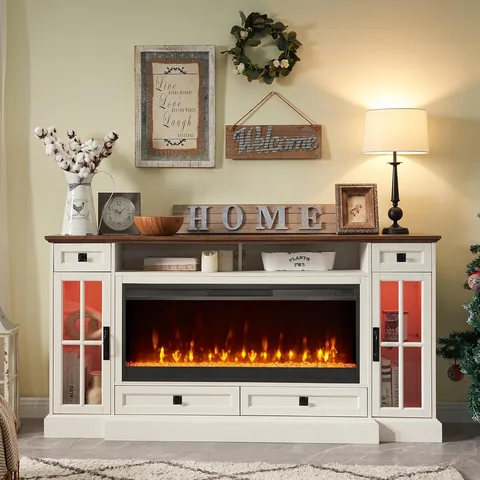 OKD Fireplace TV Stand for 80 Inch TV, Farmhouse Entertainment Center