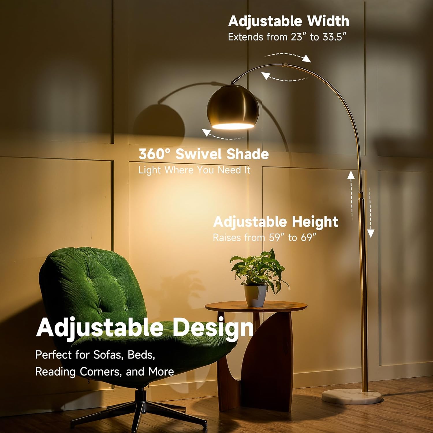 CO-Z Adjustable Gold Arc Floor Lamp with Marble Base - Lamps luxury furniture for sale - Image 3