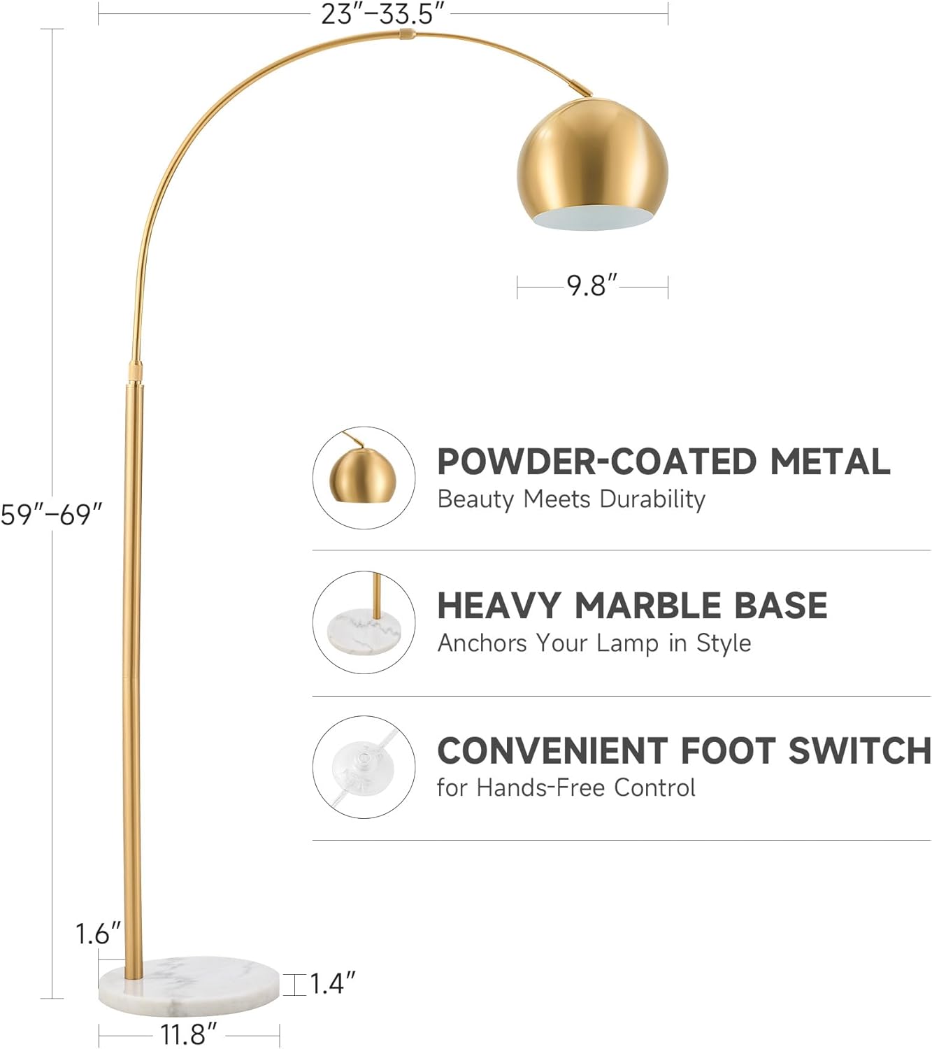 CO-Z Adjustable Gold Arc Floor Lamp with Marble Base - Lamps luxury furniture for sale - Image 5
