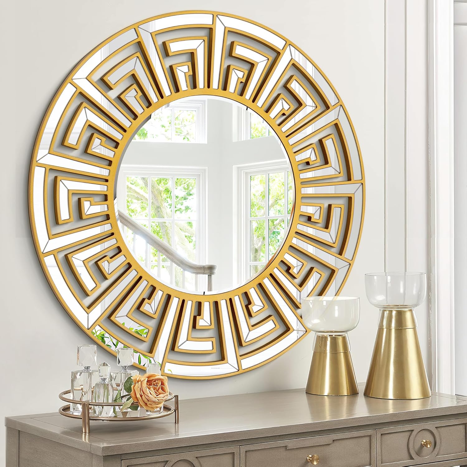 Autdot Gold Sunburst Round Wall Mirror