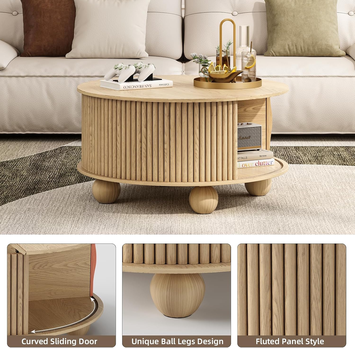 JOINICE Oat Round Flip-Top Coffee Table - Tables luxury furniture for sale - Image 3